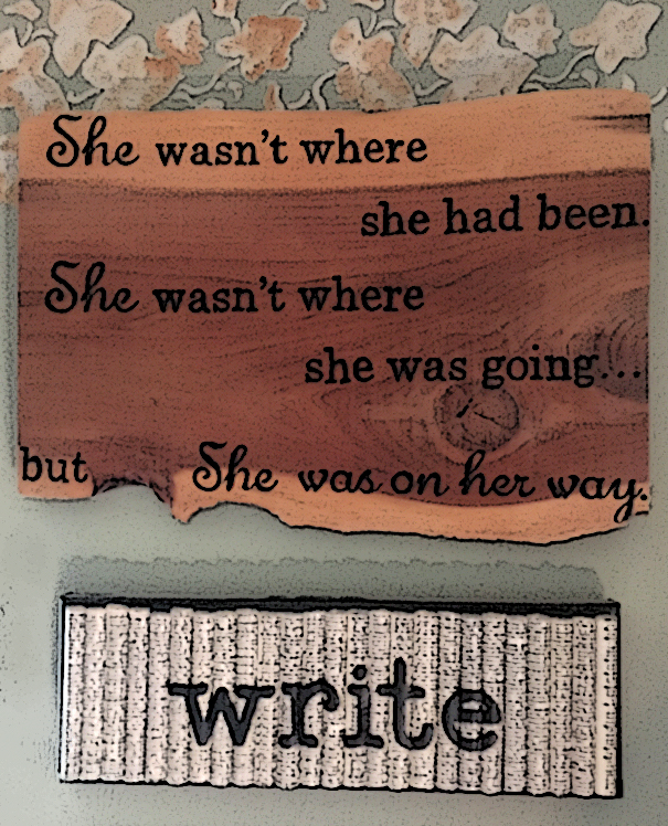 Image of two signs, "Write" and "She wasn't where she had been; She wasn't where she was going; but ... She was on her way."