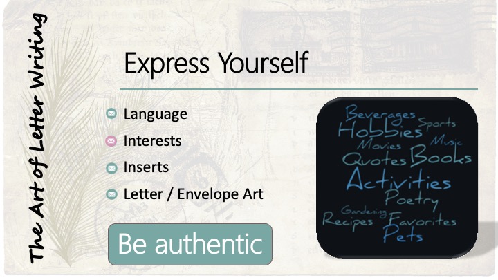 Express yourself: Interests: word bubble with different hobbies.