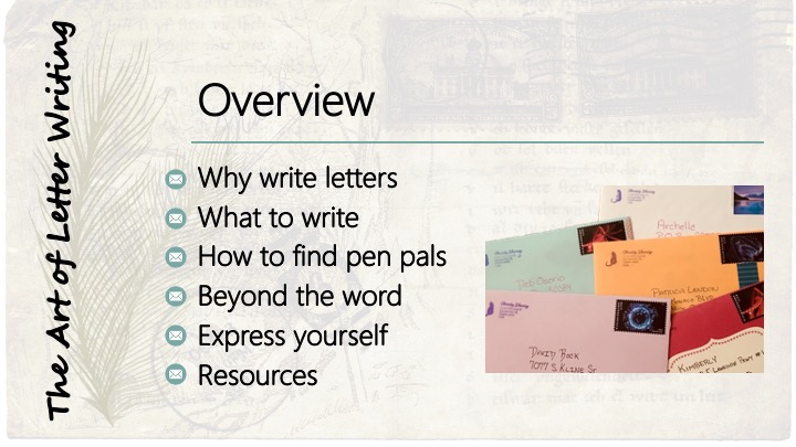 Overview: Why write letters; What to write; How to find pen pals; Beyond the word; Express yourself; Resources