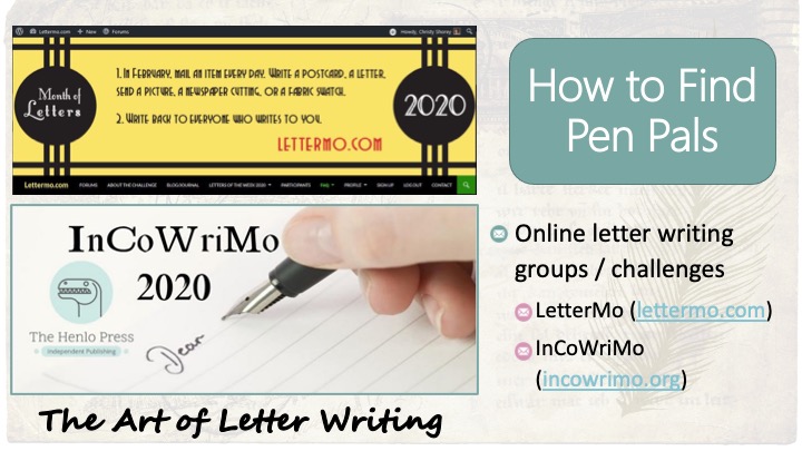 How to find pen pals: Online letter writing groups / challenges - LetterMo (www.lettermo.com), InCoWriMo (incowrimo.org).  Images - banner from LetterMo.com and banner from InCoWriMo 2020 Facebook group page.