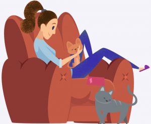 Vector image, Woman on chair with two cats and a book